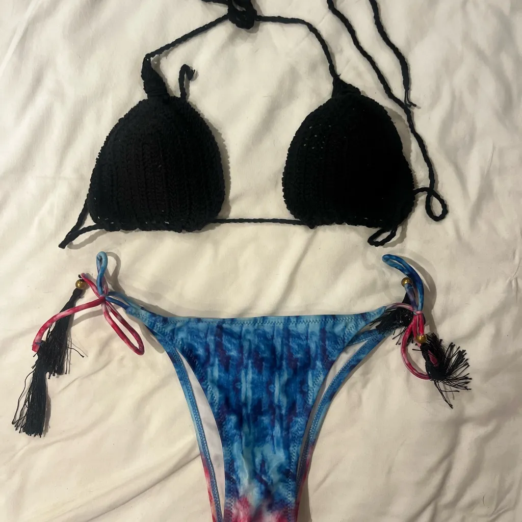 Black Crochet Bikini Top and Tie - Image 2