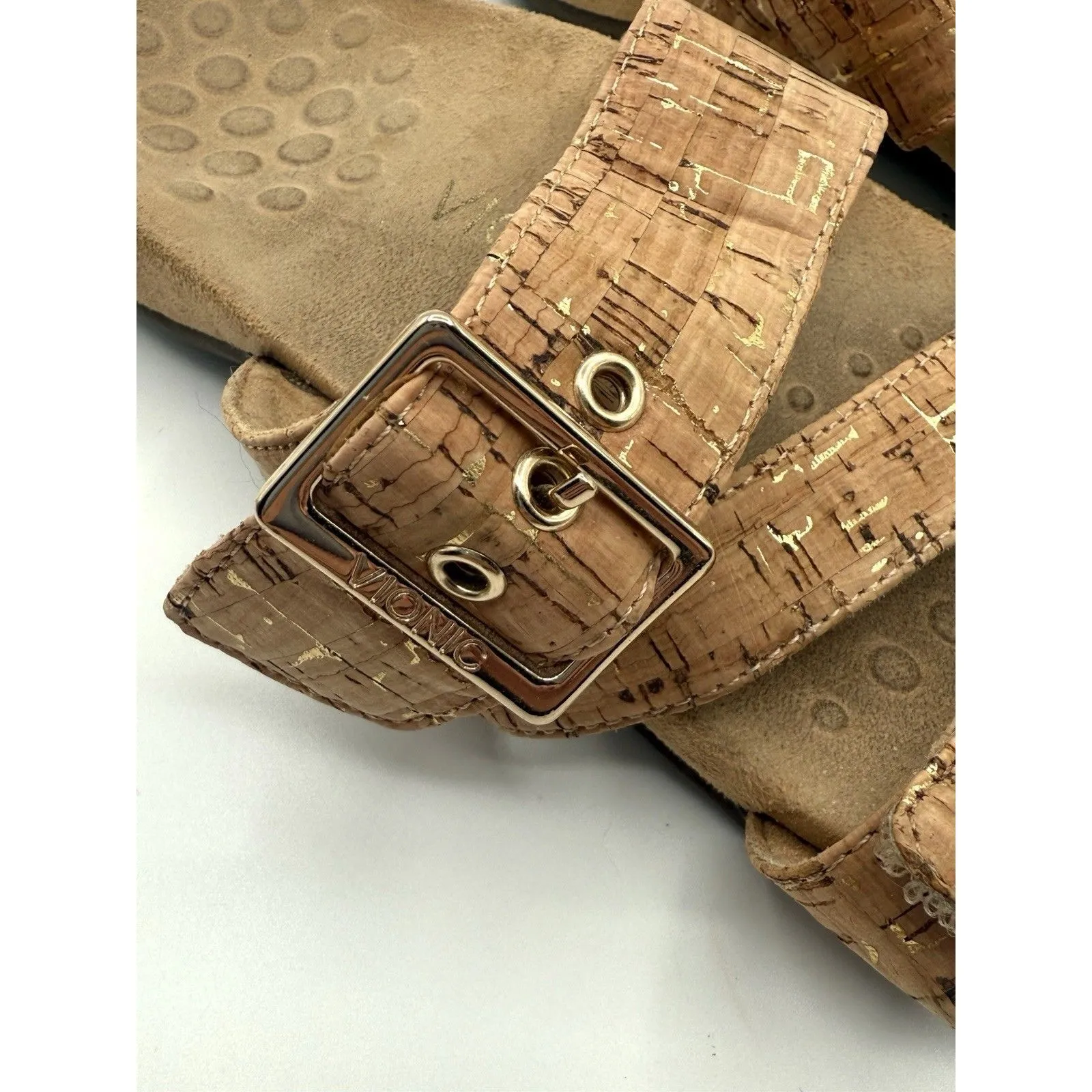 Vionic Skylar Slides Gold Sandal Faux Cork With Triple Strap Womens Sz‎ 10 Wide - Image 2