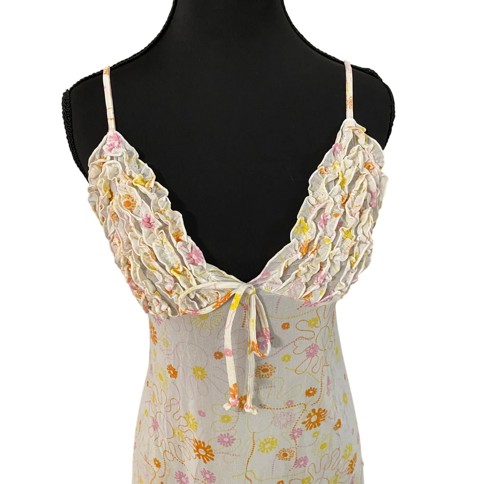 Ilusion Ruffle Bust 70s Floral Babydoll Slip‎ Night Dress Adjustable Straps Med Orange - Image 3