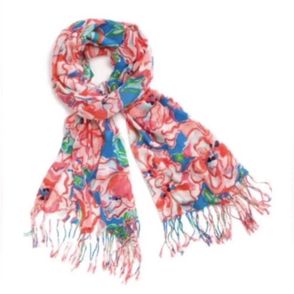 Lilly Pulitzer Murfee Scarf Silk Cashmere Blue Pink Floral Print Fringe Shawl XL - Image 4