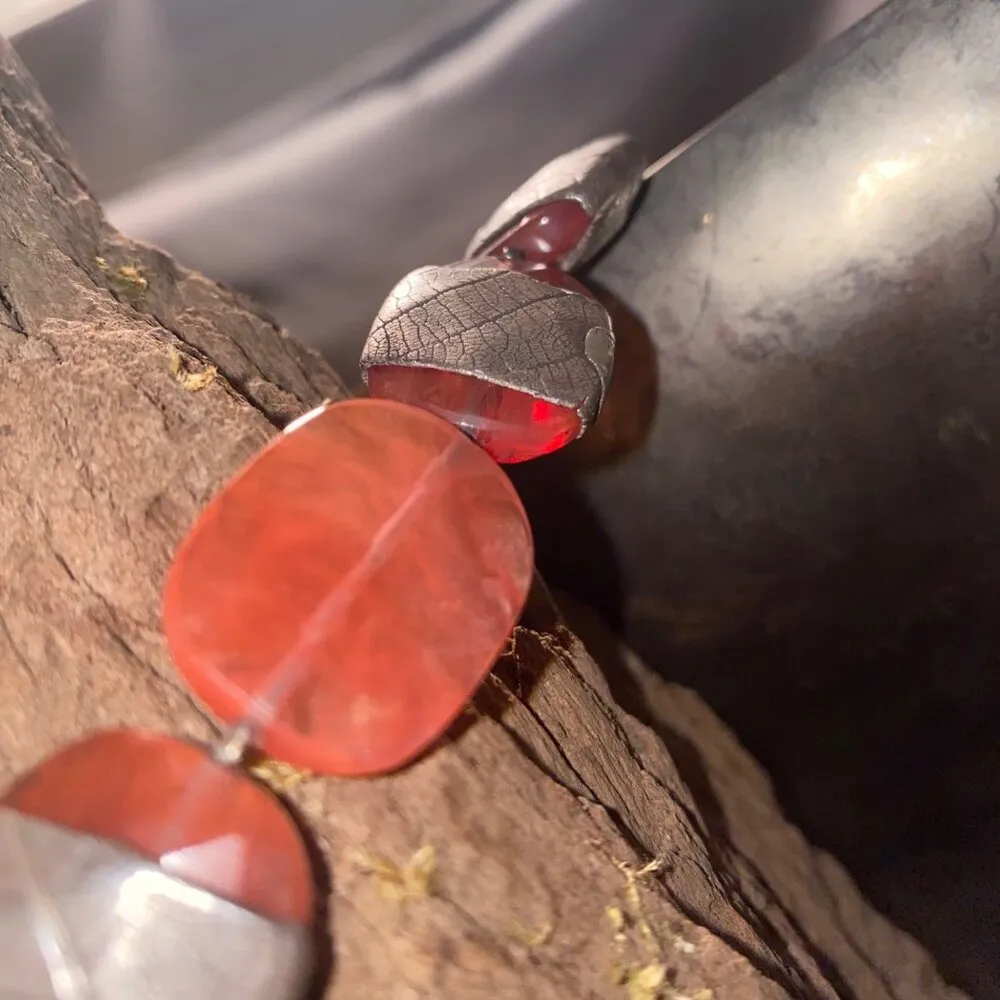 Roycroft Artisan Pink Stone 90g Leaf Fine Silver Accents Stamp Necklace Natural - Image 9