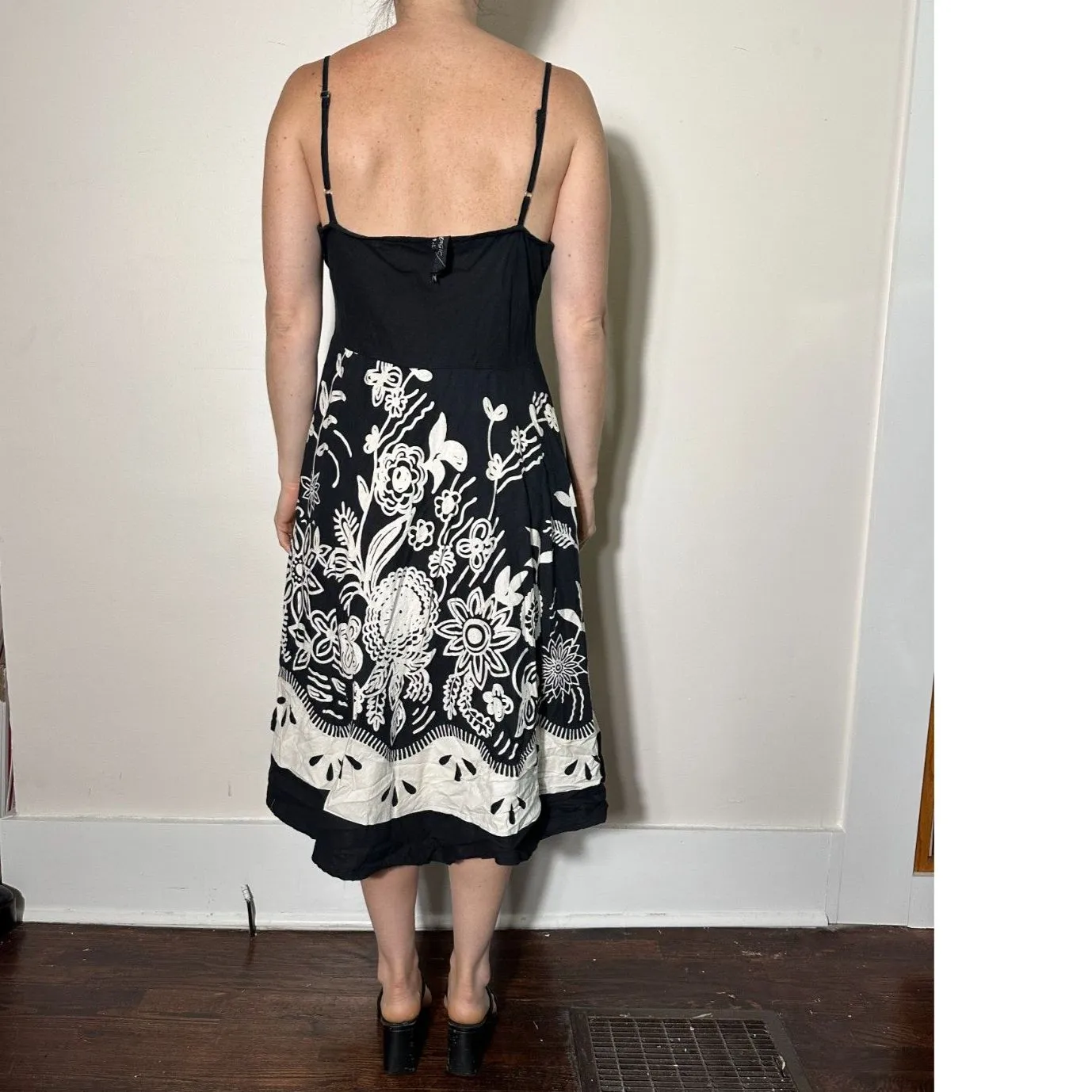 Bohemian Black White 100% Cotton Patternered Midi Dress Fits like Size Medium - Image 3