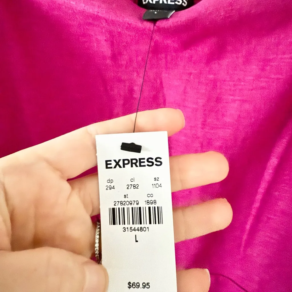 NWT Express Linen Blend Side Tie Mini Dress with Smocked Back in Dark Pink L - Image 8