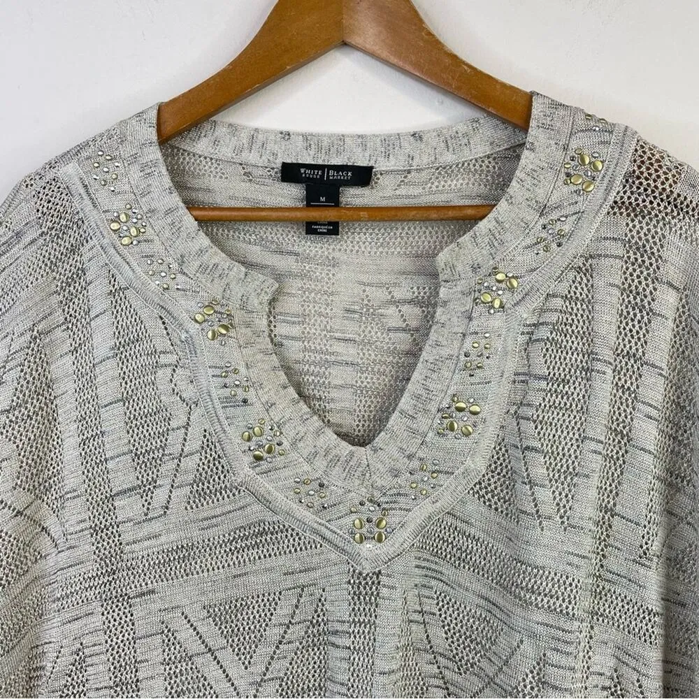 White House Black Market Lightweight Crochet Knit Metallic Studs Poncho Top M - Image 2