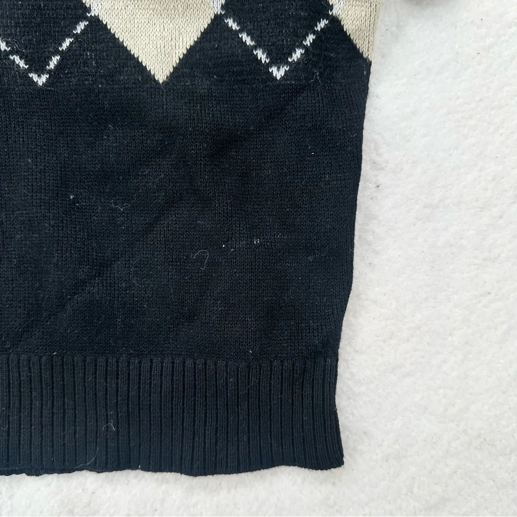 Preppy Forever 21 Argyle Knit Polo Sweater Top Black Short Sleeve - Image 6