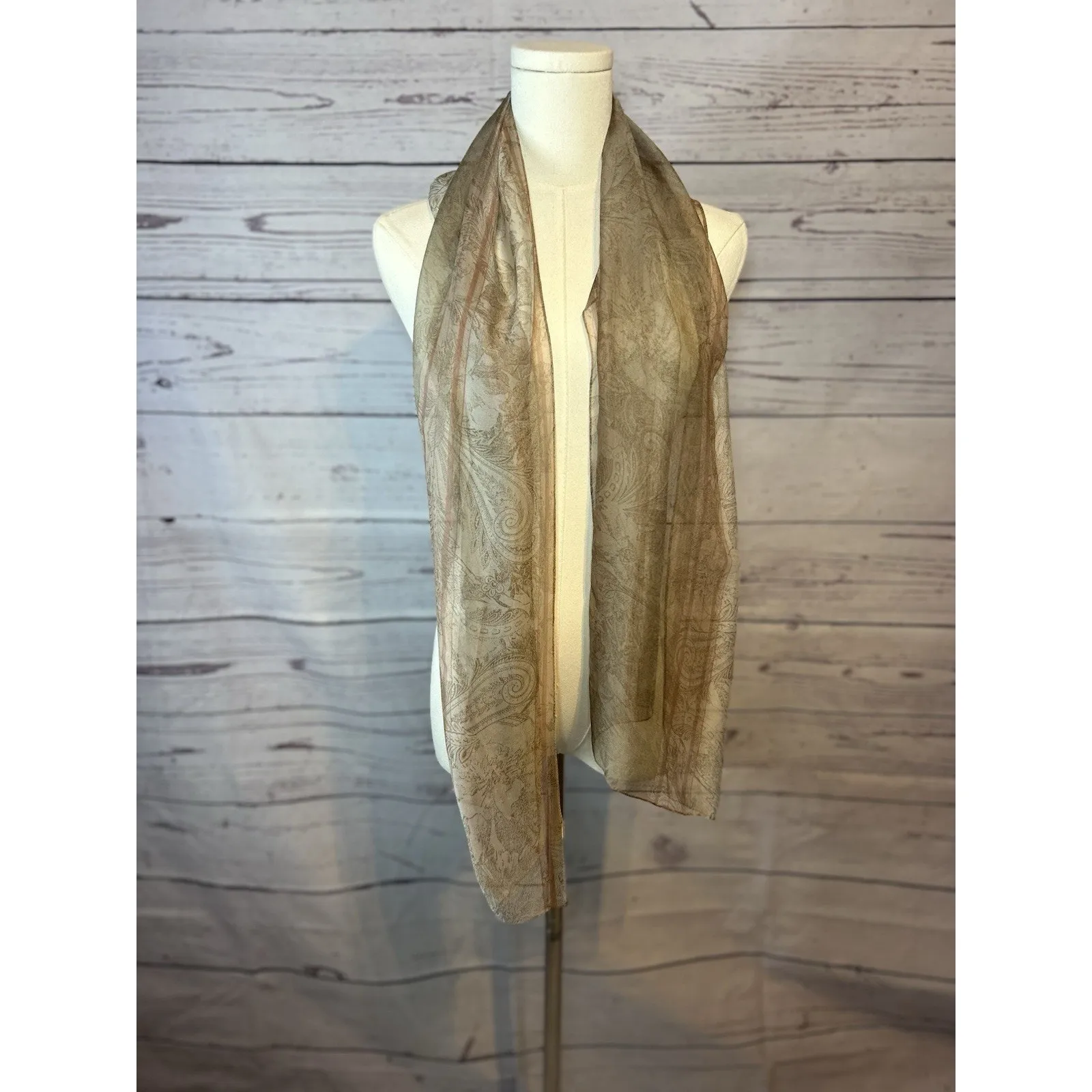 Romantic Floral Italian Silk Scarf Brown Beige Sheer 100% Silk 58x16 - Image 3