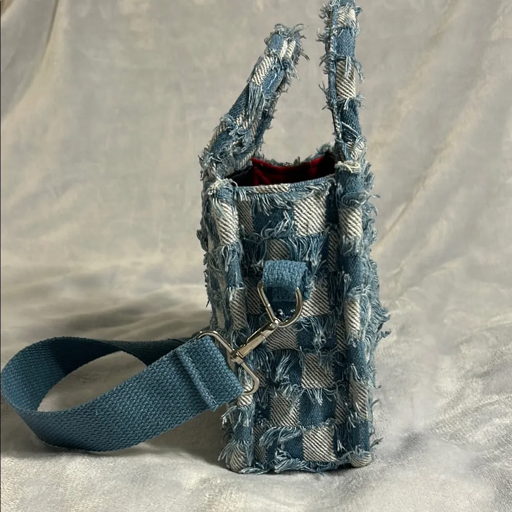 Blue Denim Checkered Crossbody Bag with Adjustable Strap - Image 4