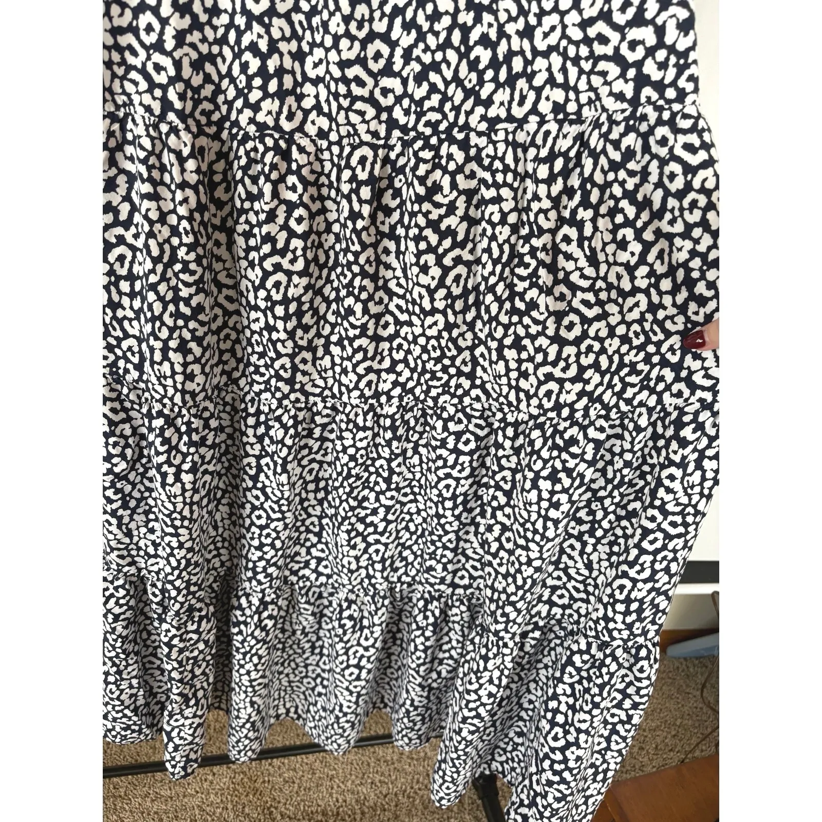 J.Crew Animal Print Navy Boho Tiered Puff Sleeve Prairie Modest Maxi Dress Large - Image 5