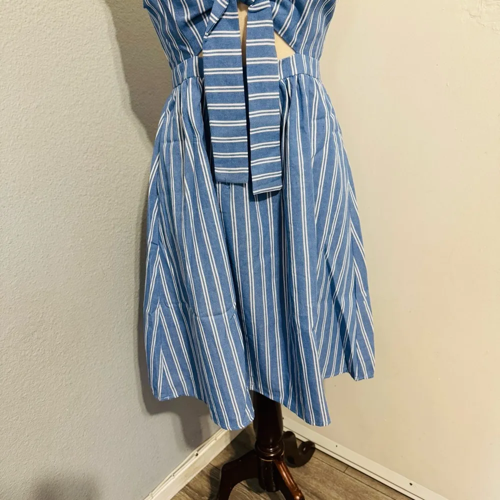 Main Strip Blue Striped Mini Yacht Cut Out Fit and Flare Dress with Pockets Sz S White - Image 14