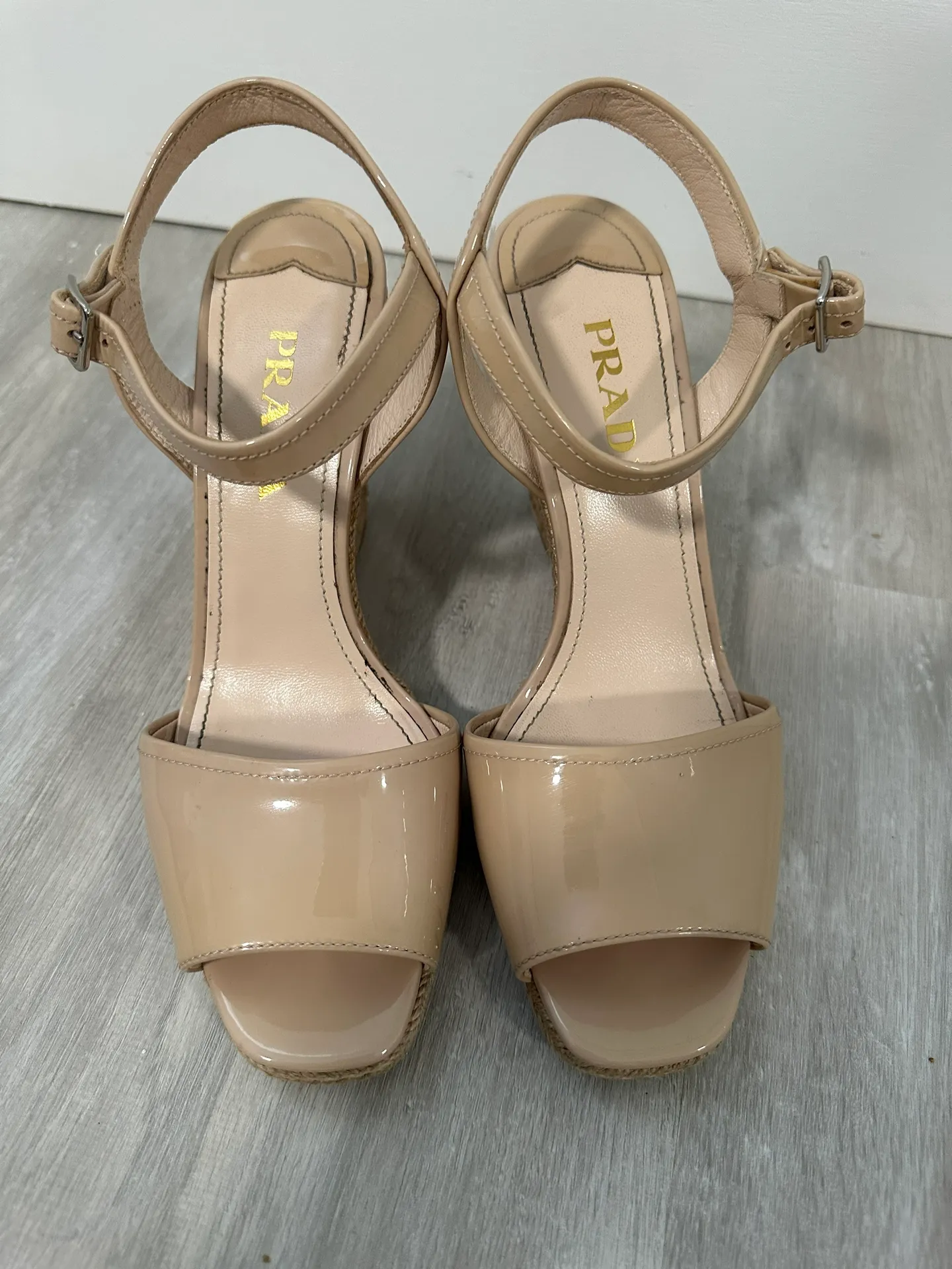Beige Patent Leather Espadrille Platform Wedge Ankle Strap Sandals Size 37 - Image 2