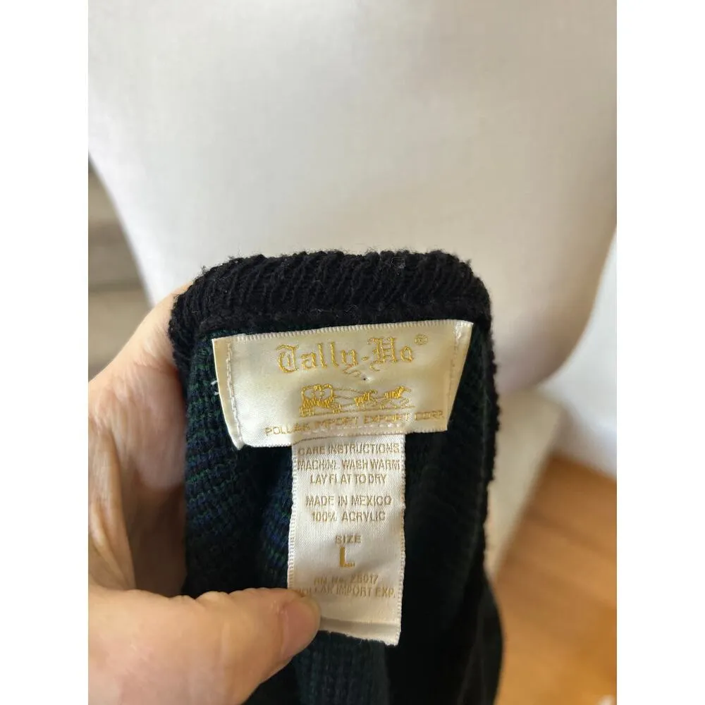 Vintage Tally Ho Green Navy Black Blackwatch Tartan Plaid Cardigan Size L - Image 3