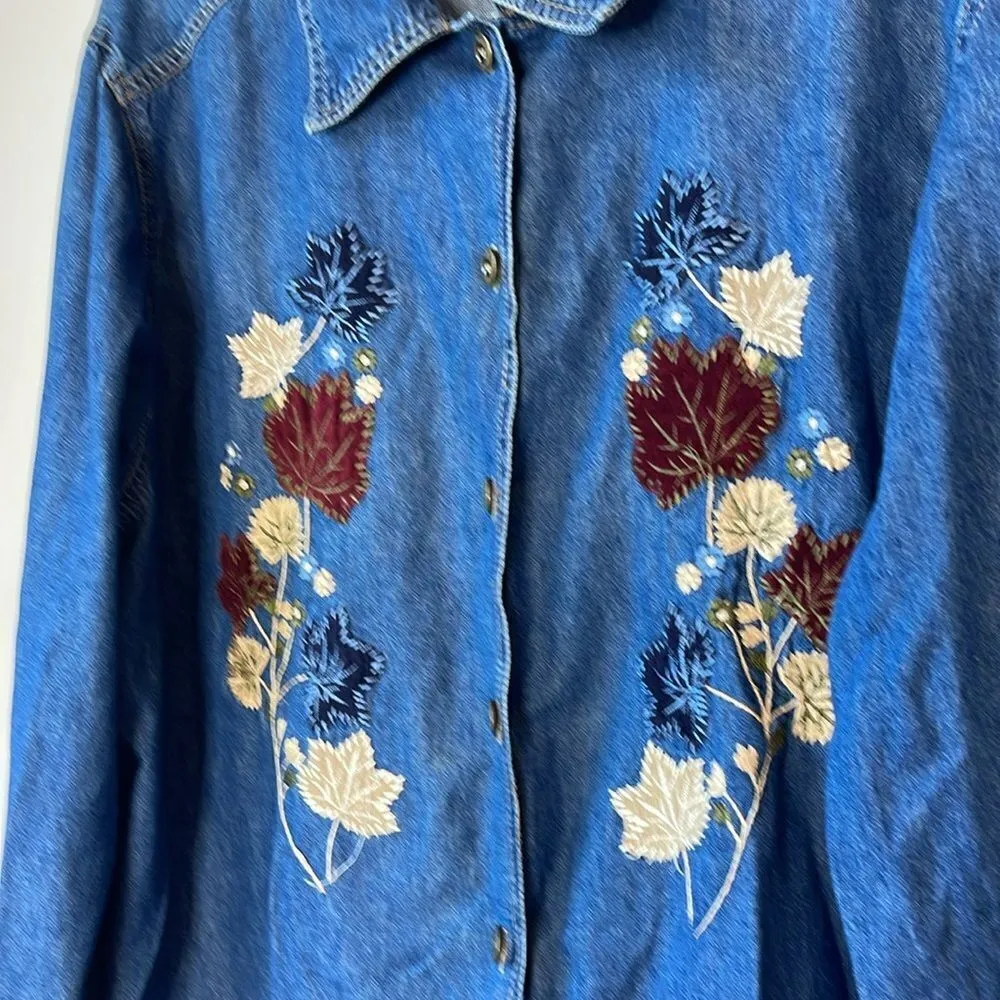 Erika & Co Fall Autumn Leaves Button Down Denim Shirt 1X Blue - Image 3
