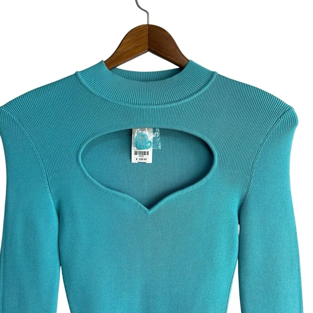 STAUD Clara Knit Top Long Sleeve Small Turquoise Heart Cutout Ribbed Knit NWT - Image 2