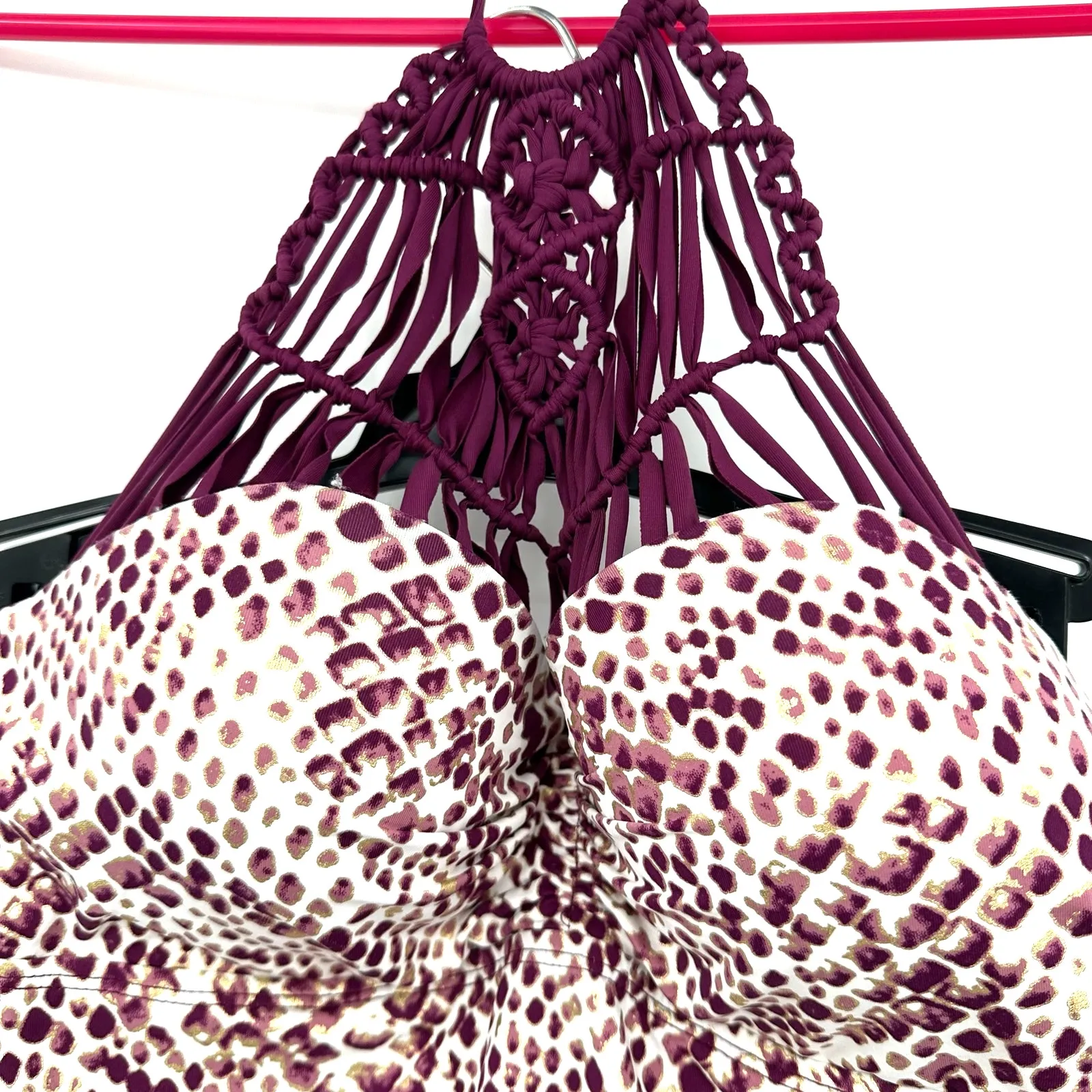 Ambrielle Size Large Swim Top Animal Print Halter Top Built In Cup Tankini‎ Purple - Image 3