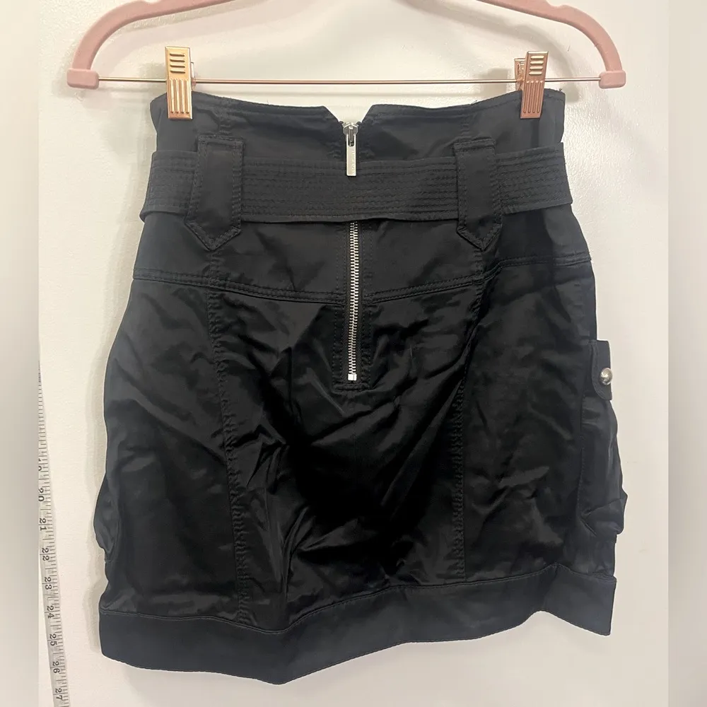 KAREN MILLEN satin black utility skirt with tie belt - Image 2