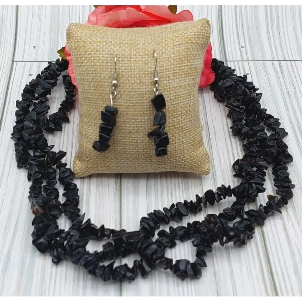 Stone Multi Strand Artisan Statement Necklace & Earrings Black Chip Stone - Image 2