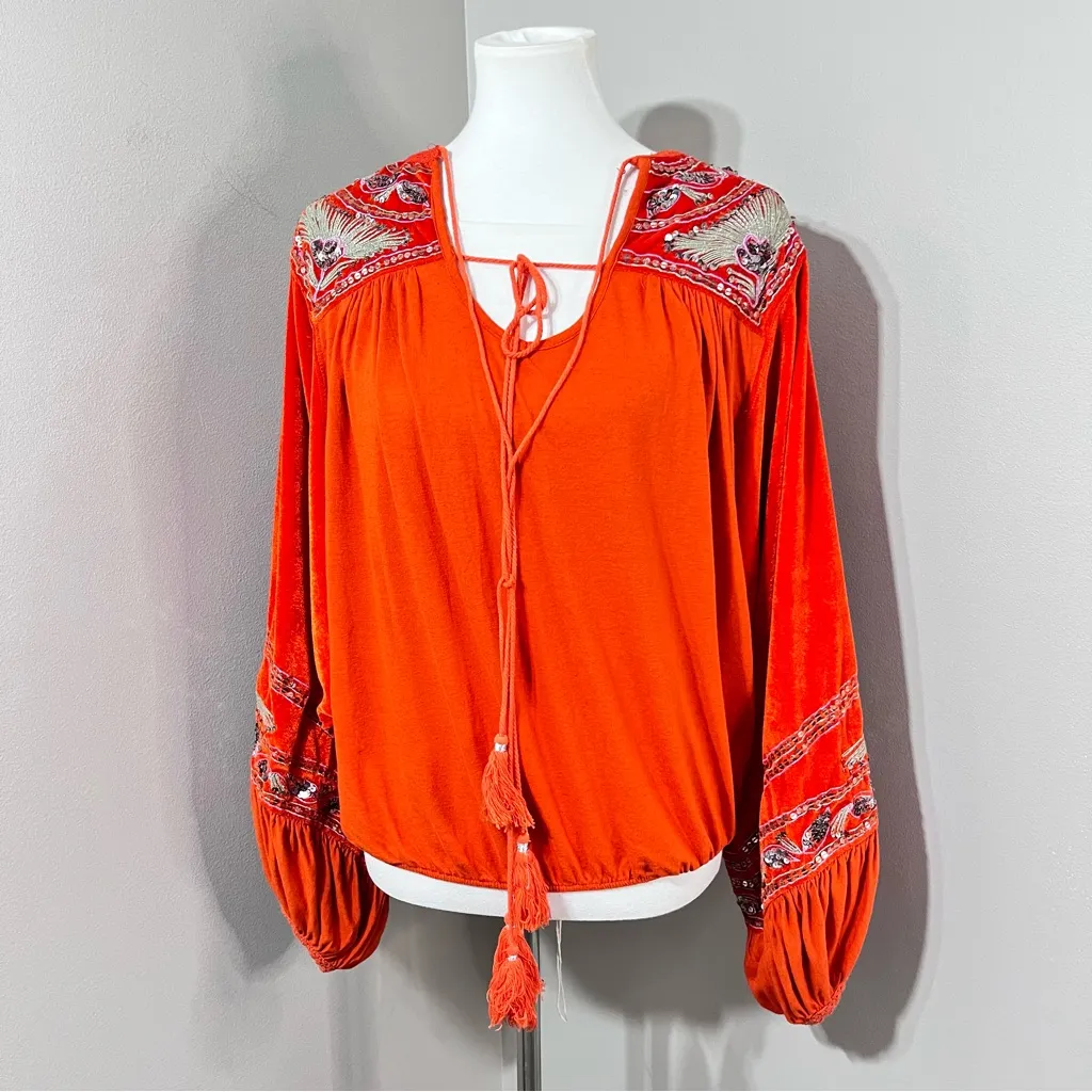 Free People Hearts Aflame Boho Blouse Red Orange Sequin Velvet Embroidered Sz M - Image 4
