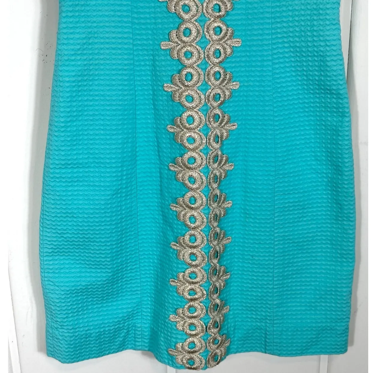 Lilly Pulitzer Pearl Seaside Aqua & Gold Metallic‎ Detail Shift Dress Size 00 - Image 4