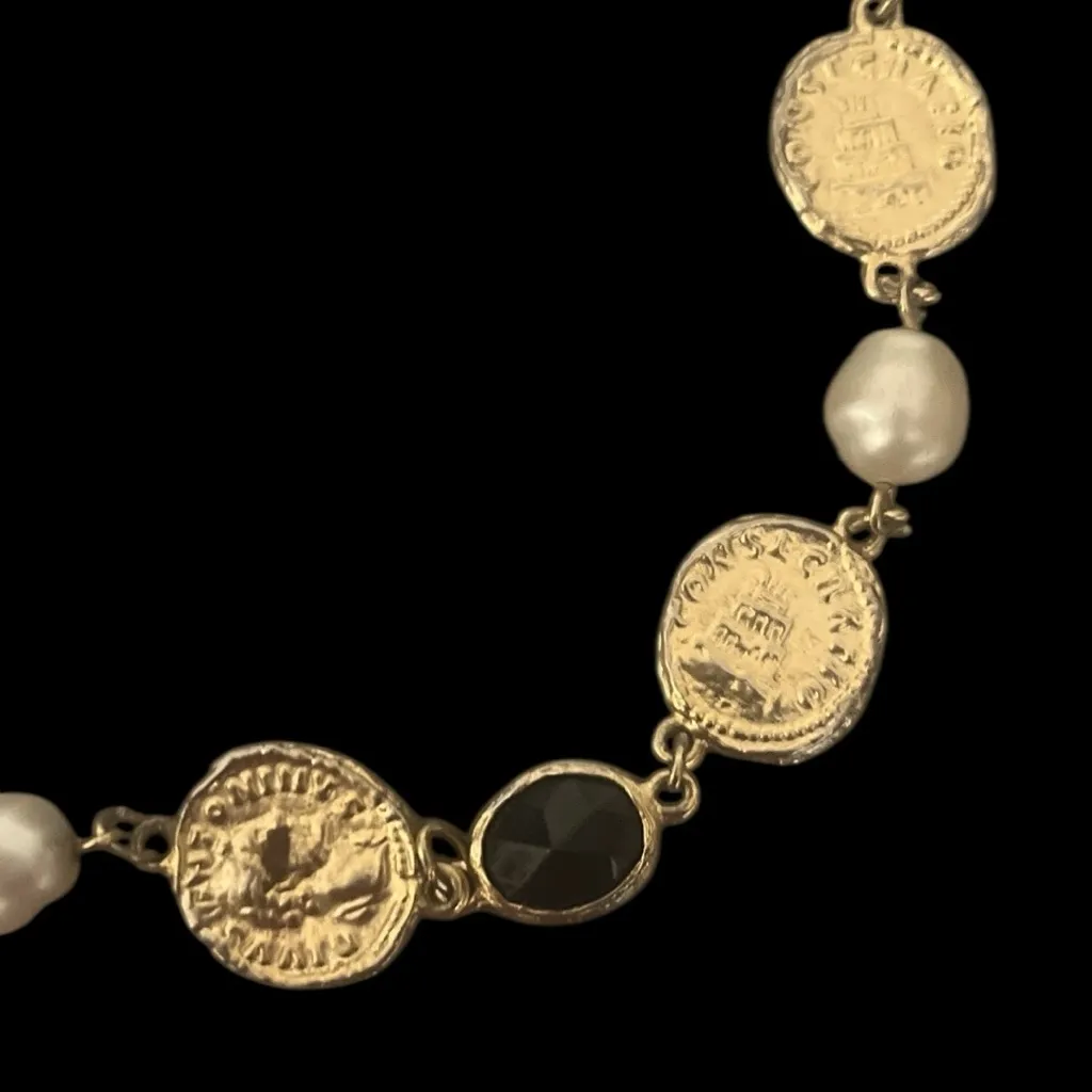 Vintage Gold Tone Necklace Coin Style Medallions Faux Pearl Black Stones - Image 4