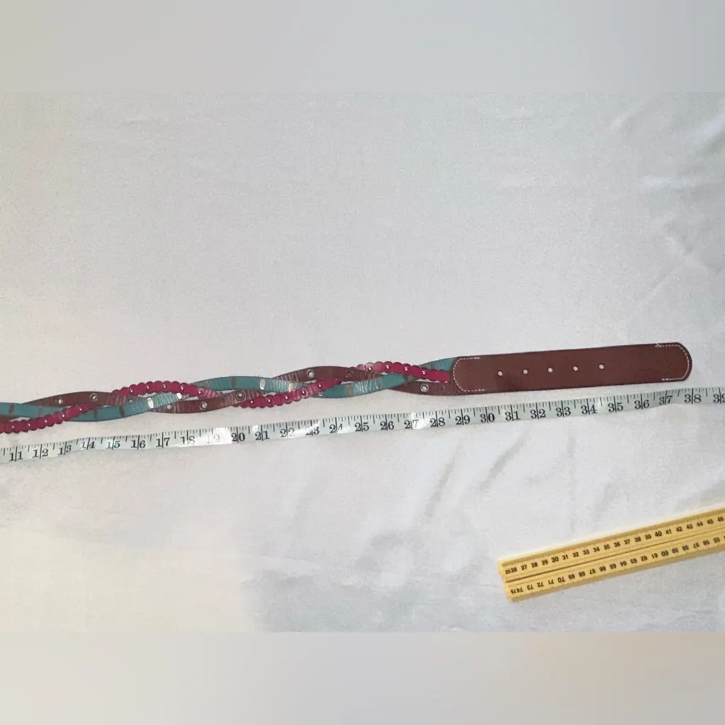 Fossil Women's Studded Braided Multi Color Leather Belt Size S Brown Aqua Pink - Image 7