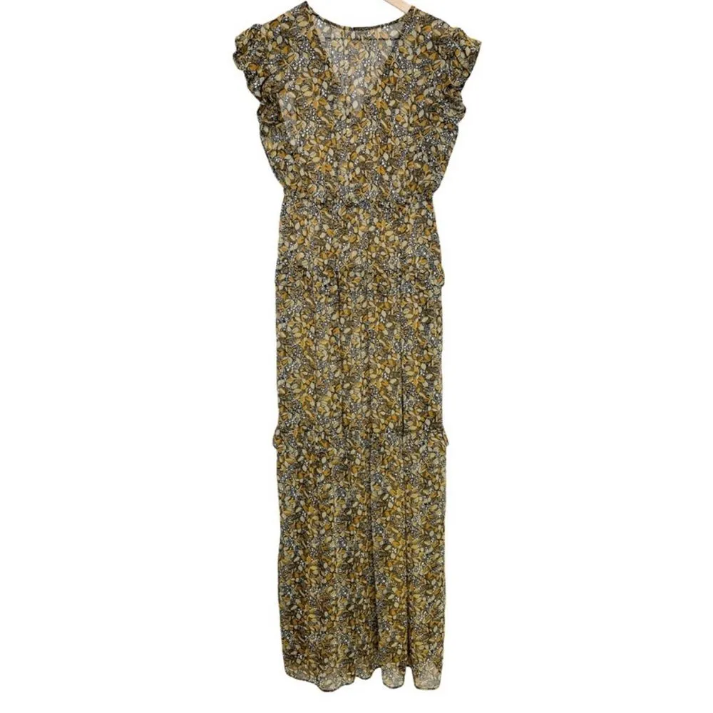 NWT ba&sh Samanta Ruffled Leaf Print Georgette Maxi Dress in Carbone - Image 7