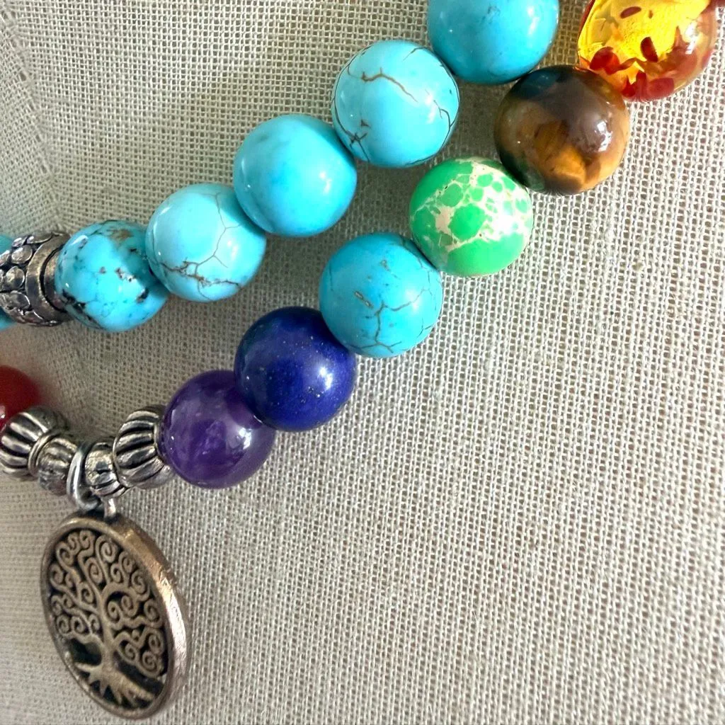 Turquoise 108 Bead Wrap Mala Necklace Tree of Life Charm - Image 6