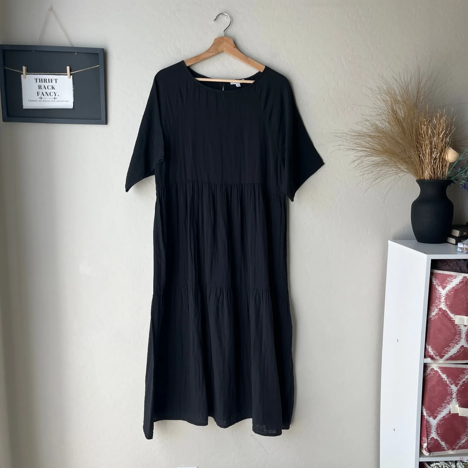Calme‎ Johnny Was Dress Raglan Tiered Blk Cotton Gauze Short Sleeve Midi Dress M - Image 3