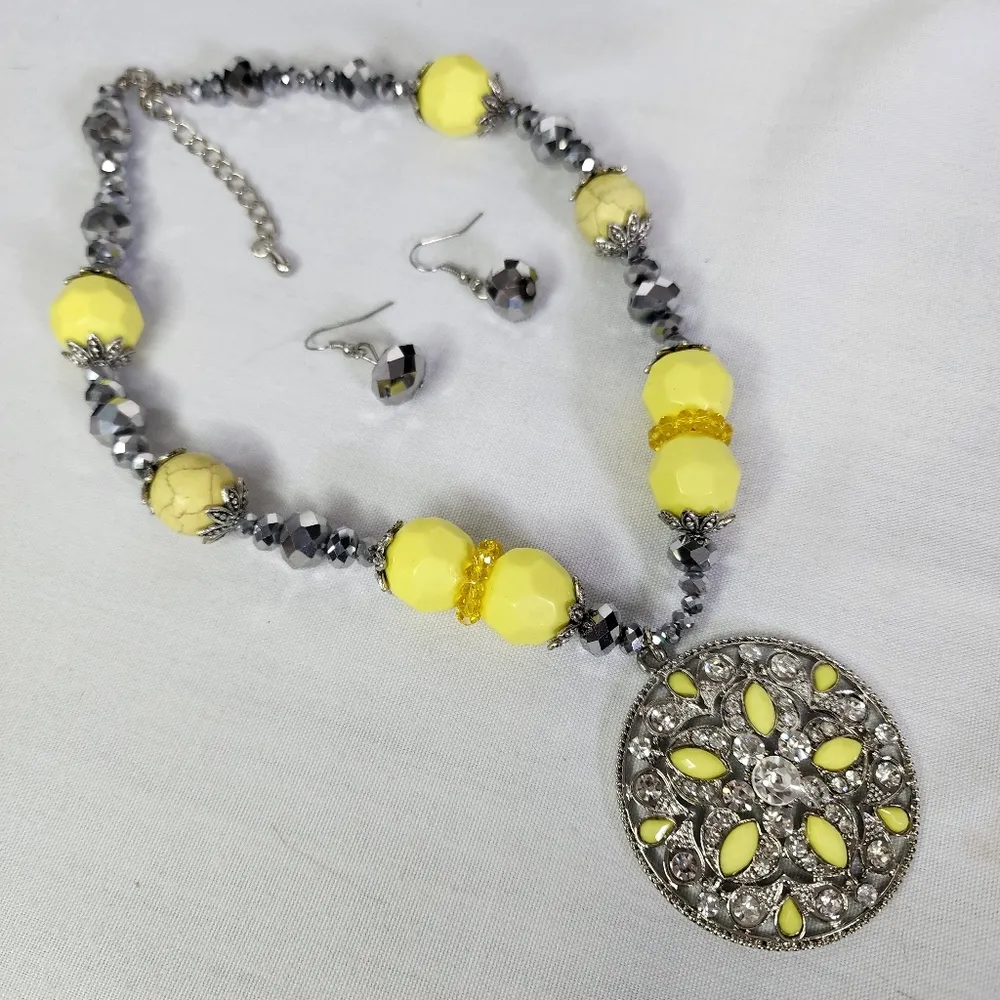 Statement Silver and Yellow Bead Necklace and Earrings Set - Image 2