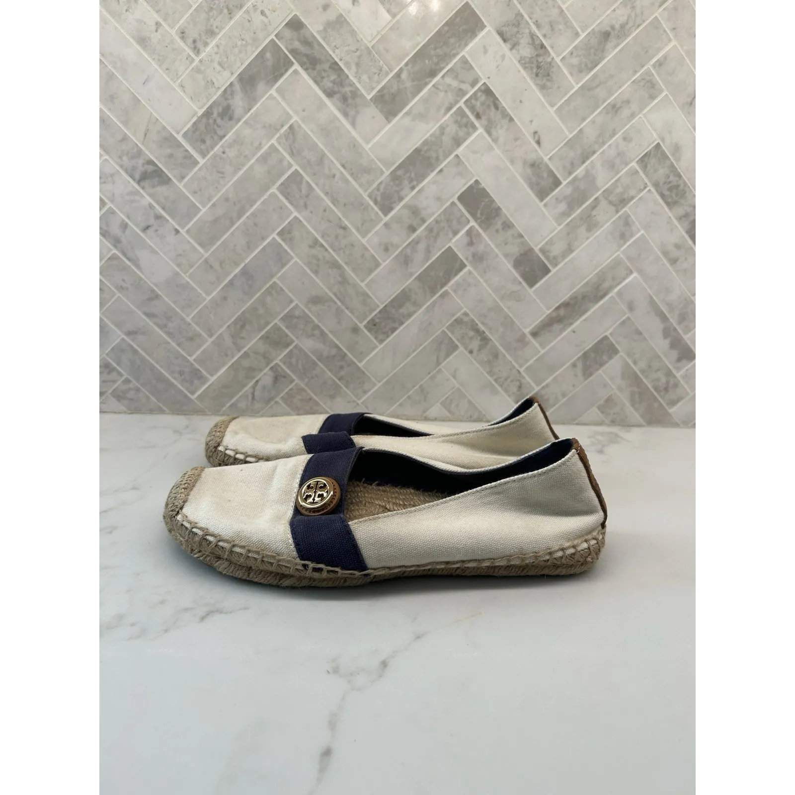 Tory Burch‎ Espadrille Flats Ivory Newport Navy Embellished Canvas Womens Size 8 - Image 2