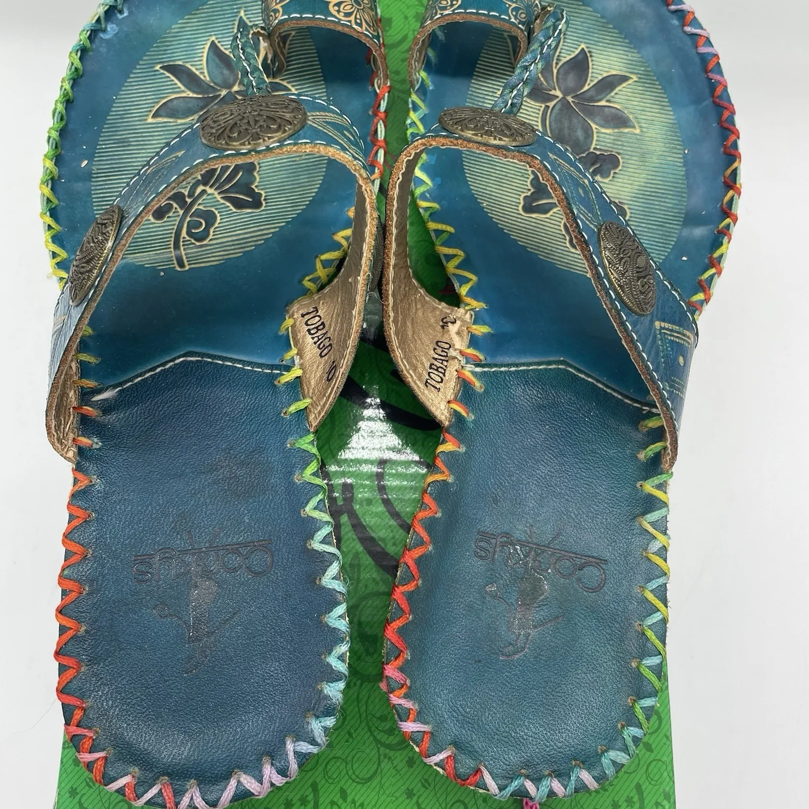 Elite By Corkys Womens 10 Sandal Tobago Teal Floral Tropical Brass Accents Slide Blue - Image 6