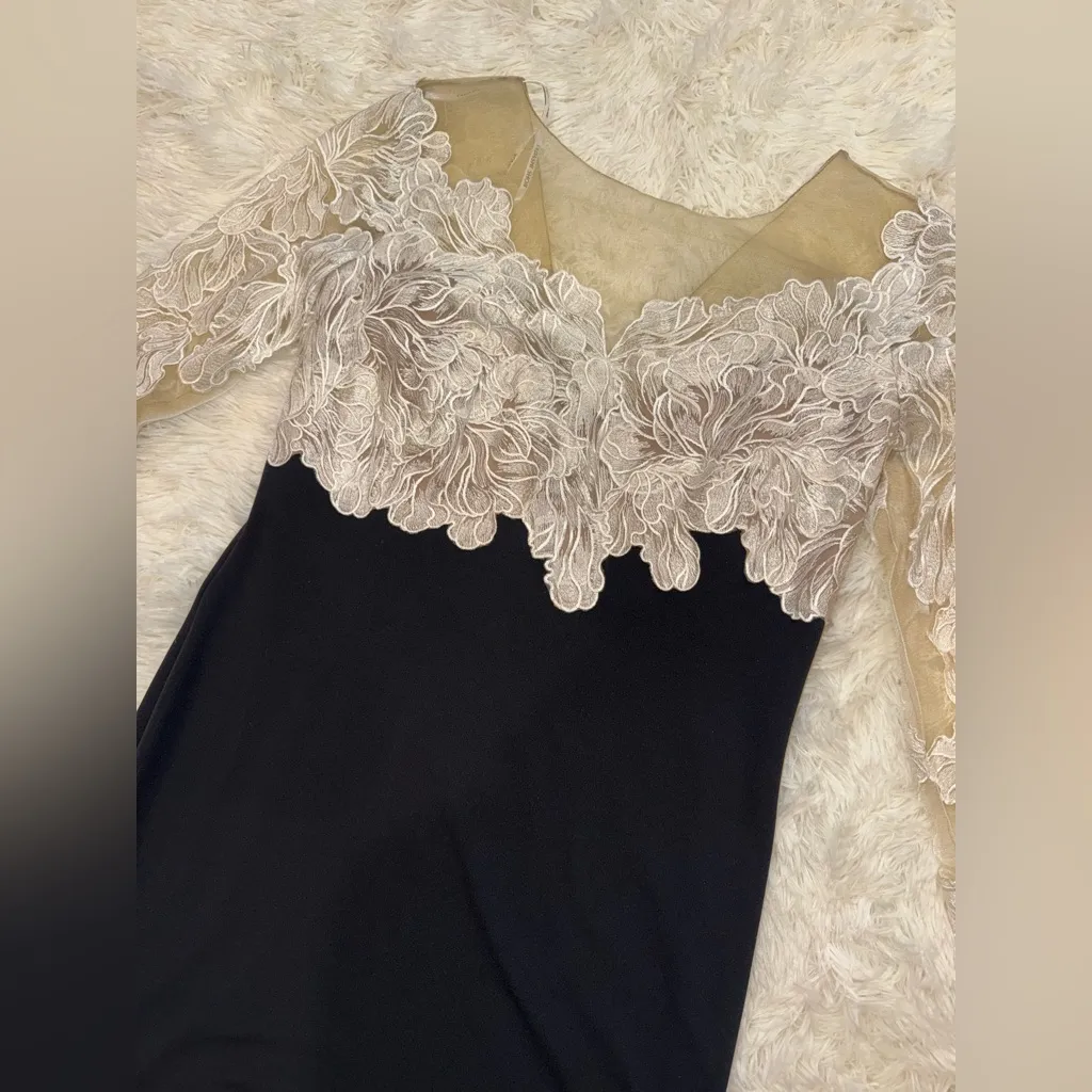 NEW Tadashi Shoji Black Ivory Floral Lace Bodice Long Sleeve Gown Sz 14 - Image 11