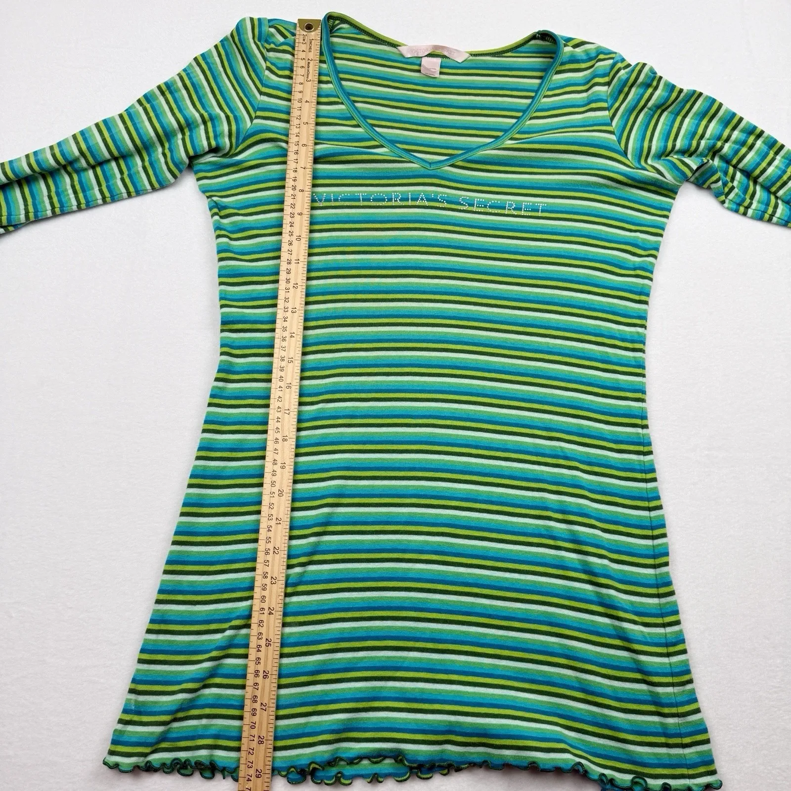 Victorias Secret Y2K  Women Shirt Small Green Striped V Neck Mall Coquette Girly - Image 8