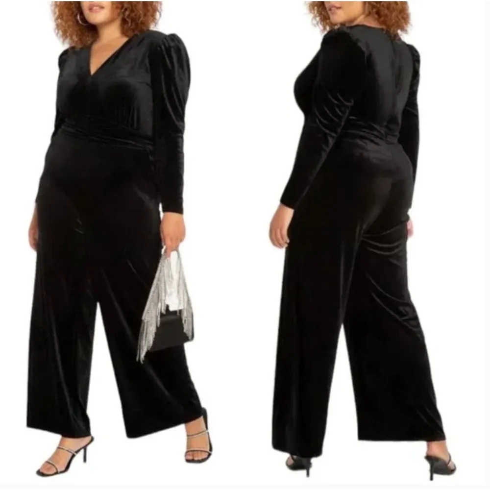 ELOQUII Jumpsuit Size 18 NWT Black Velvet Tie Belt Wide Leg Cocktail Evening - Image 2