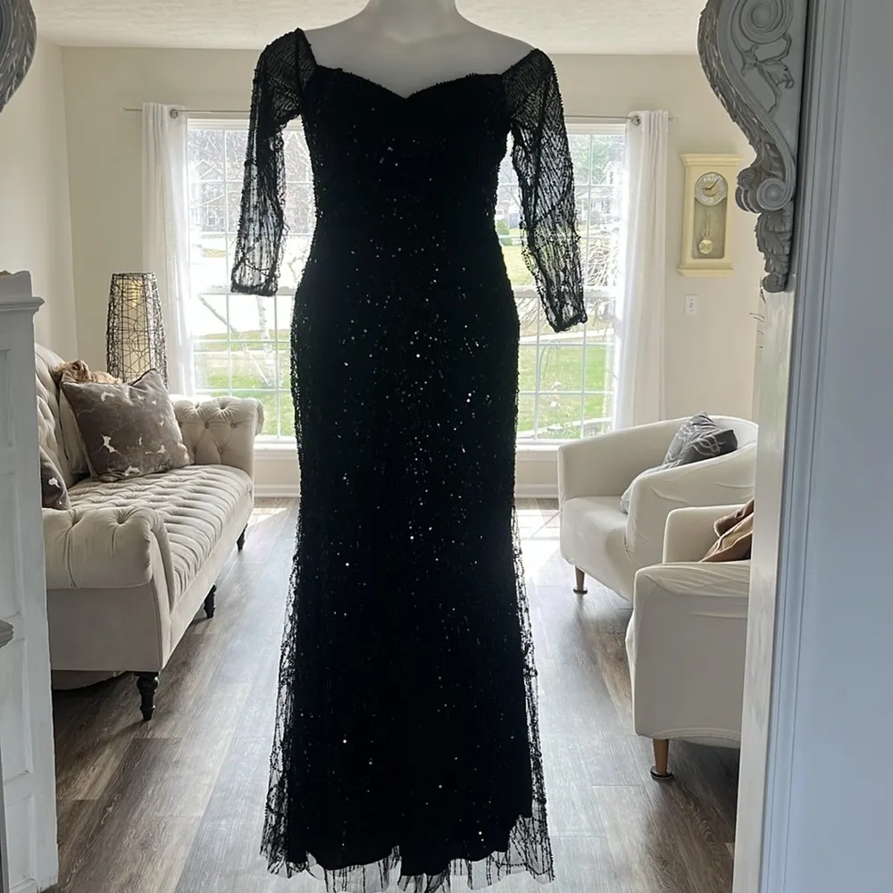 Heavily beaded black gown evening dress NWOT size 14 long sleeve formal mermaid - Image 3