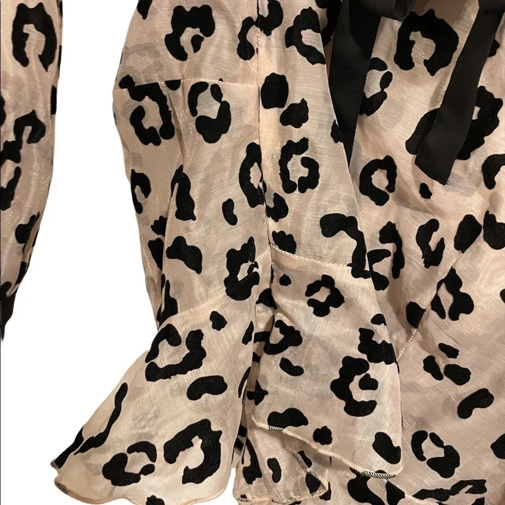 Forever 21 Sheer Felt Leopard Twee Long Puffer Sleeve Tie Collar Peplum Crop Top - Image 5