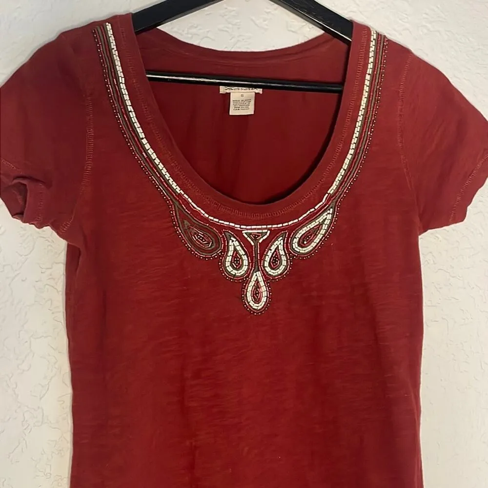 Lucky Brand Rust Orange Beaded T-Shirt Small Boho Casual Western Tee - Image 3