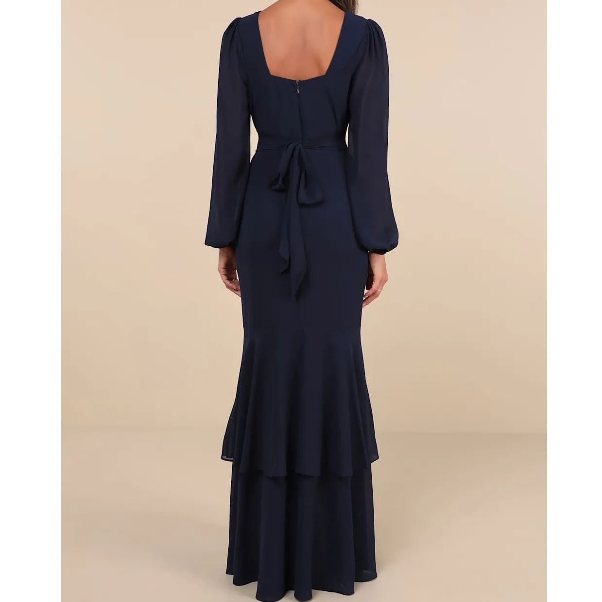 Lulus NWT Tier Elegance Navy Long Sleeve V-Neck Chiffon Tiered Maxi Dress Medium - Image 5