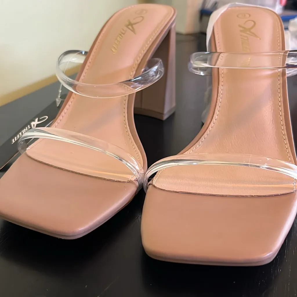 Athlefit square toe chunky block heel sandals, with clear double straps Tan Size 9 - Image 12