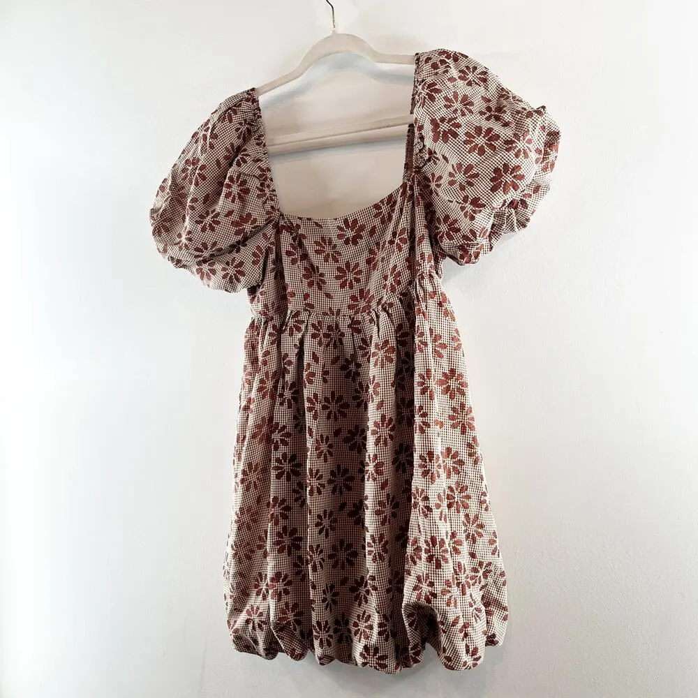 Storia Short Puff Sleeve Square Neck Floral Daisy Bubble Hem Mini Dress Brown M - Image 8