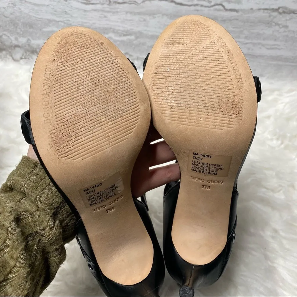 BCBGMaxAzria Parry Metal Grommet Leather Stiletto Sandals Size 7 Black Silver - Image 11