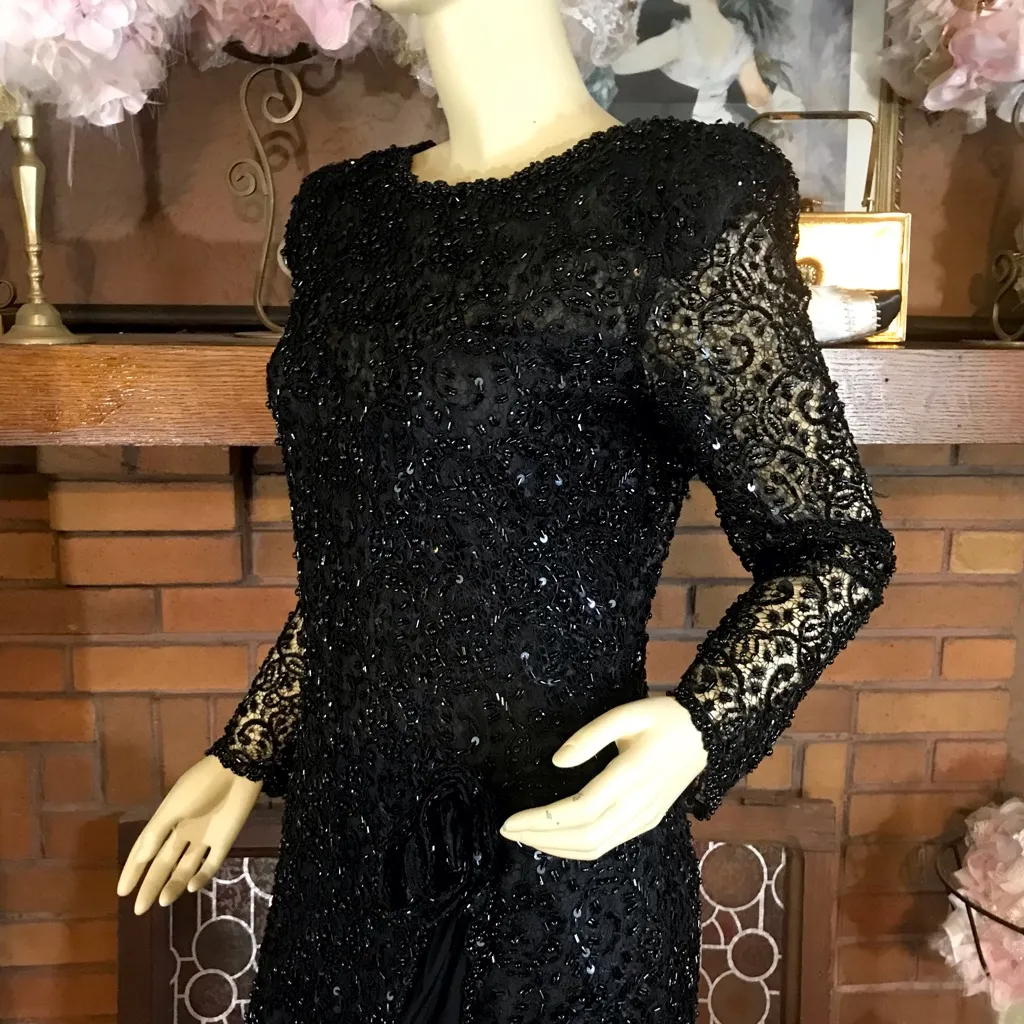 VINTAGE OLEG CASSINI BLACK SEQUIN SILK RUFFLED COCKTAIL DRESS (6) - Image 9