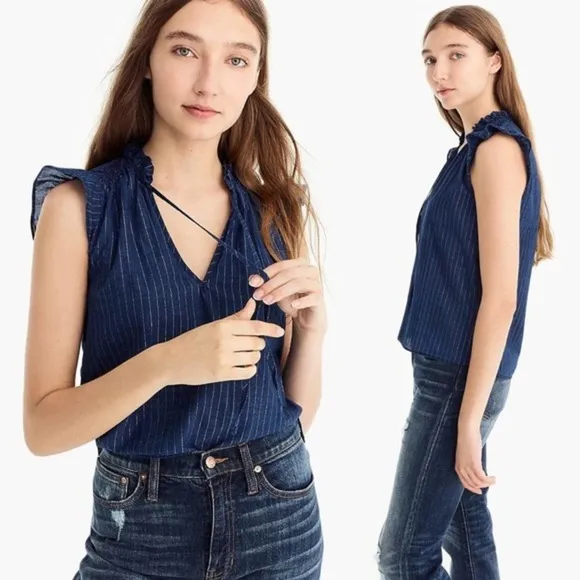 J. Crew Sleeveless tie-neck top in metallic pinstripe voile - Image 2