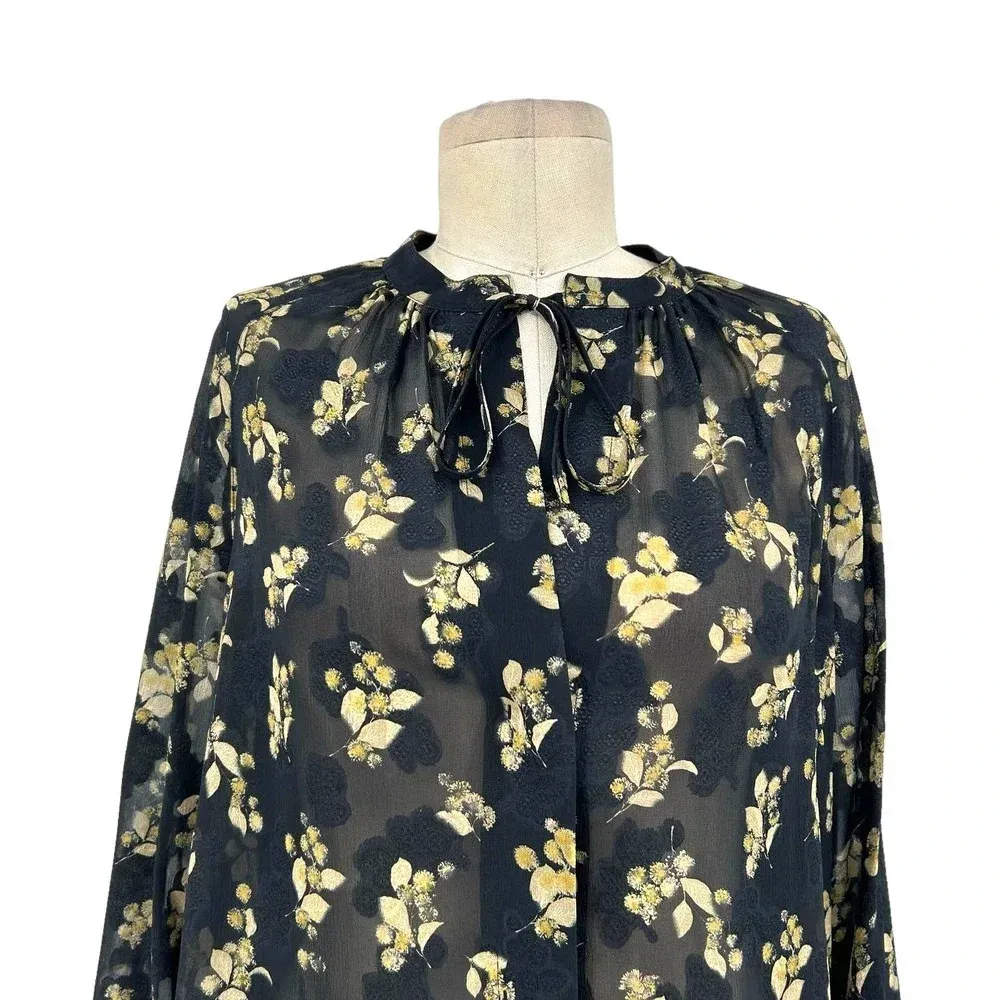 Vince Dandelion Poet Blouse‎ Gathered Floral-Print Silk-Crepon Black Size Small - Image 4