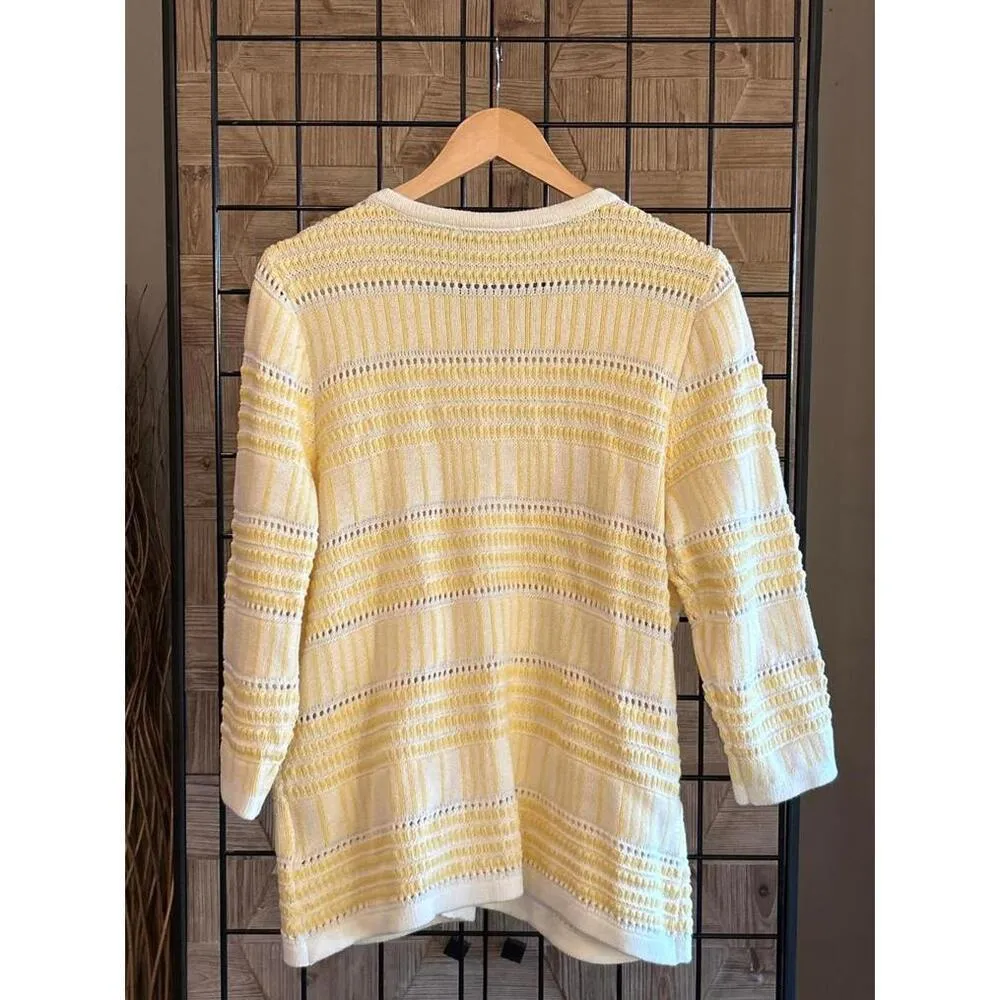 Christopher & Banks Womens Cardigan S/L Yellow White Crochet Knit Sweater Boho - Image 5