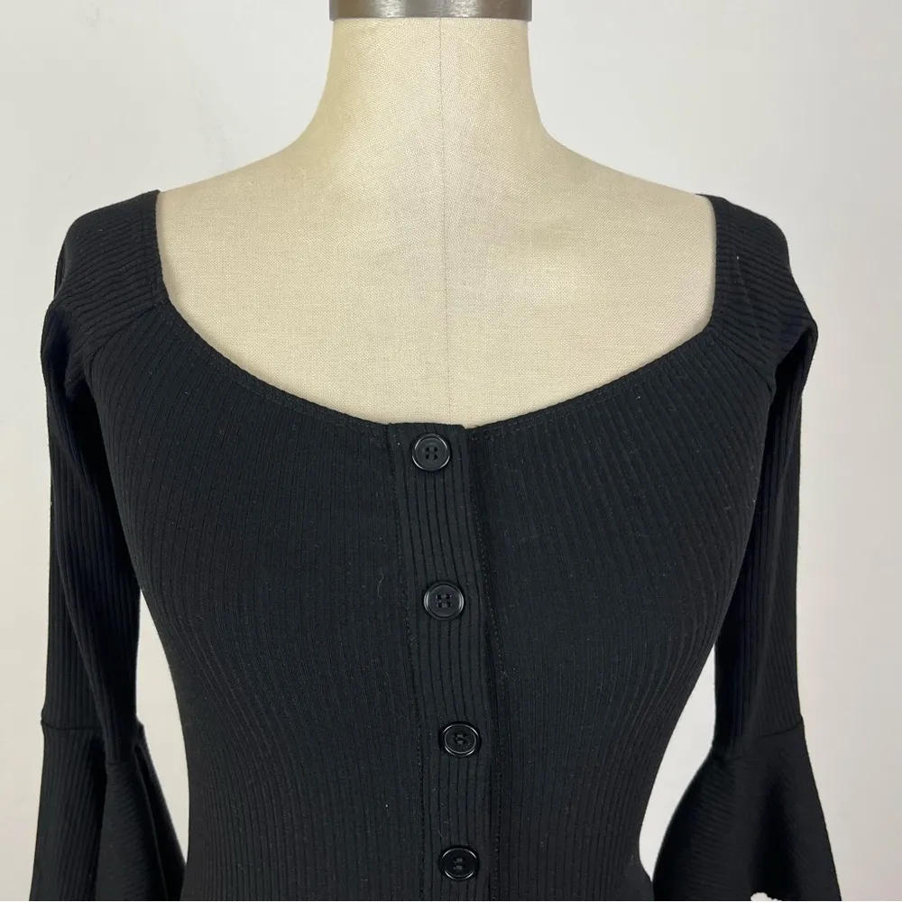 Reformation Black Ribbed Bell Sleeve Top - Image 3