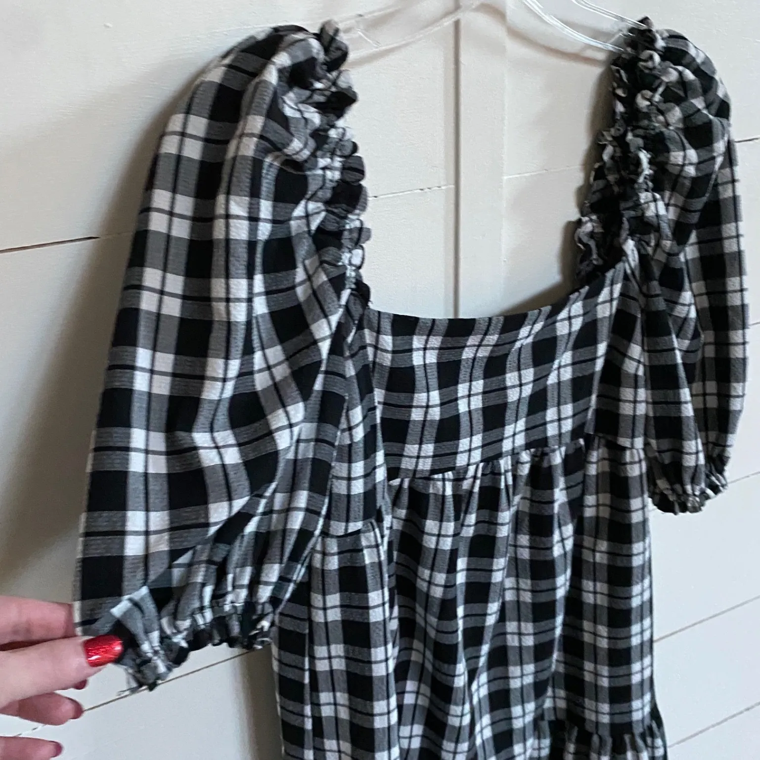 H&M Divided Black White Plaid Checkered Seersucker Puff Sleeve Mini Dress XS - Image 5
