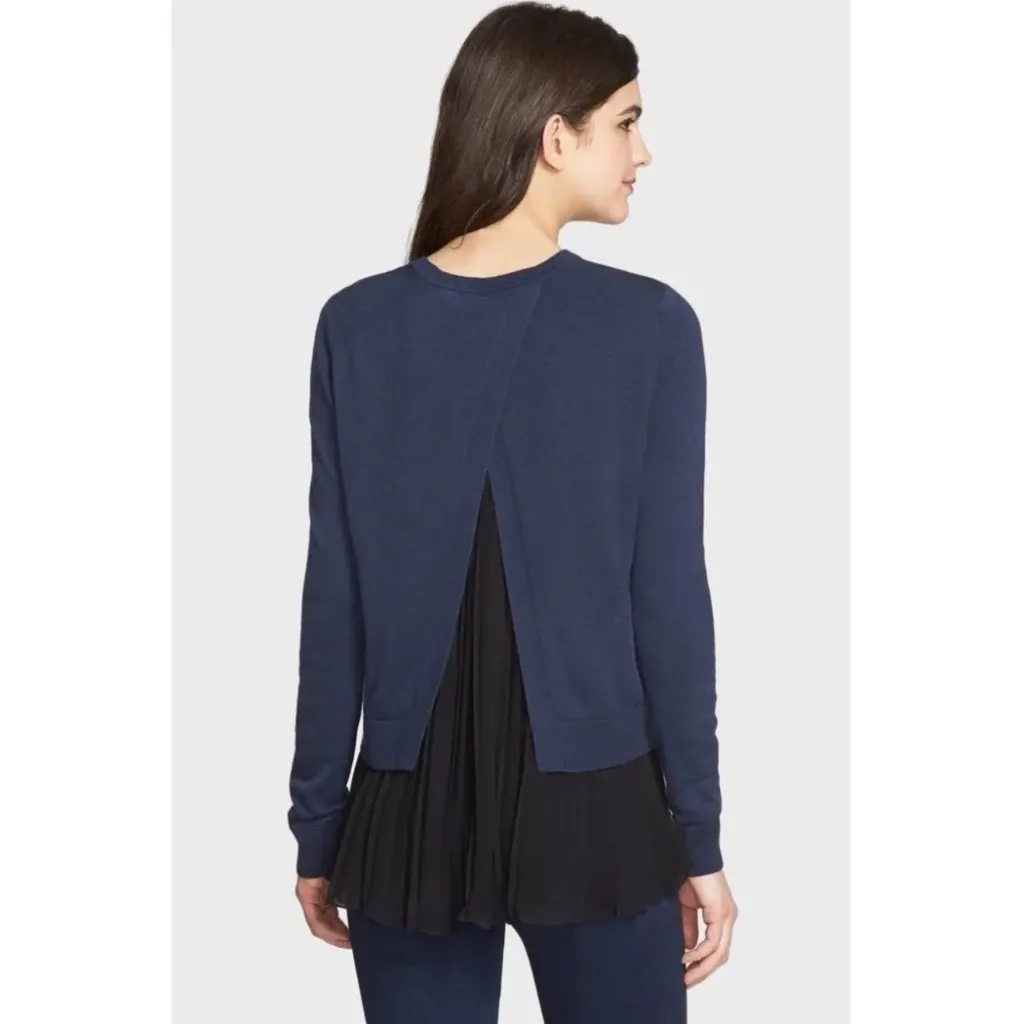 Chelsea28 Pleated Cashmere Sweater Size XS Accordion Hem Split Back Blue Black - Image 5