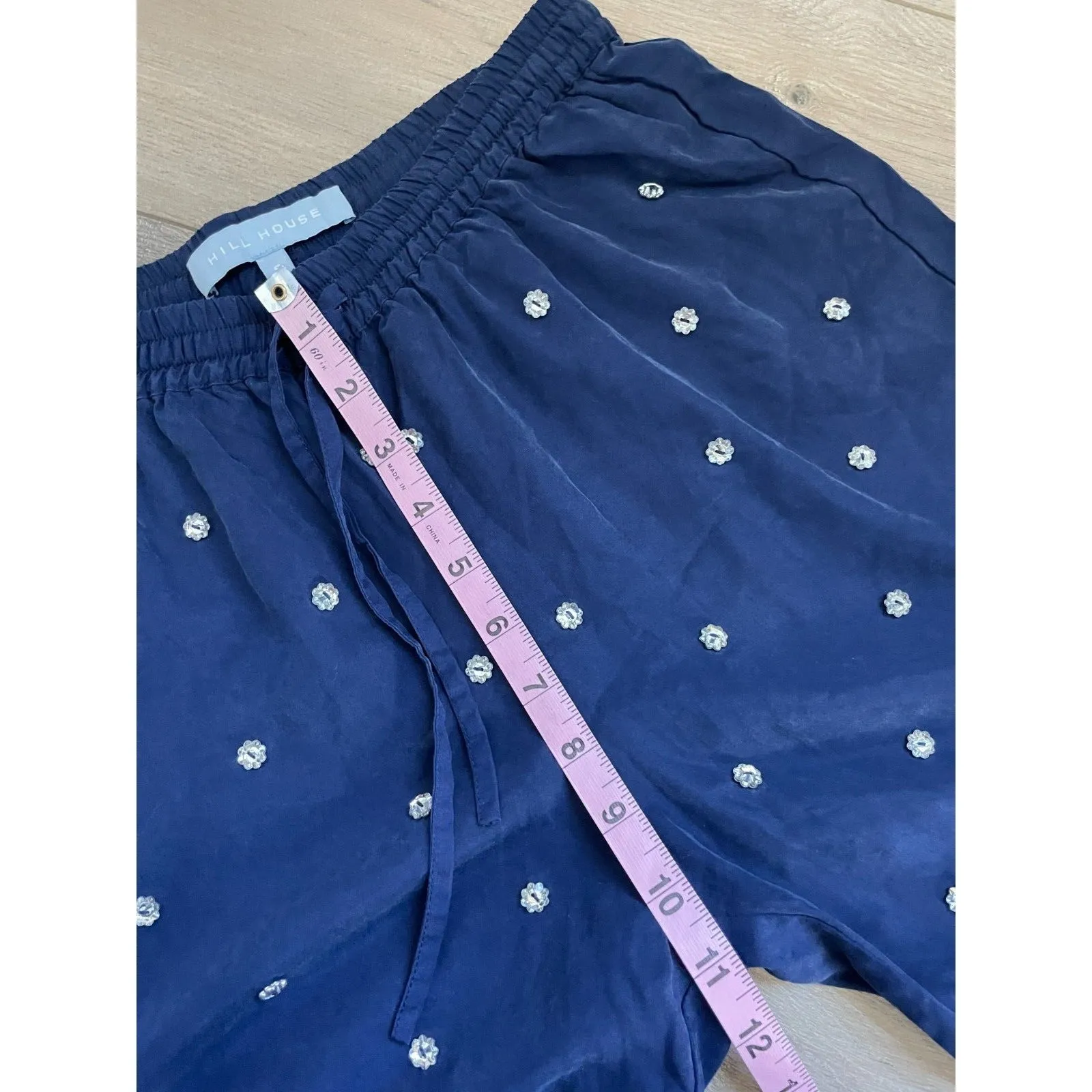 Hill House Navy Jeweled Jammie Bottoms Pants rhinestone buttons drawstring Sz S - Image 4