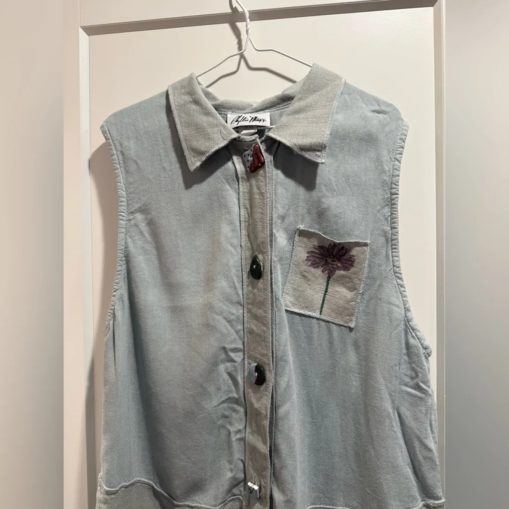 Phyllis Maxx Vtg Women's Green/blue Button‎ Down Sleeveless Collared Top Size L Blue Size L - Image 3