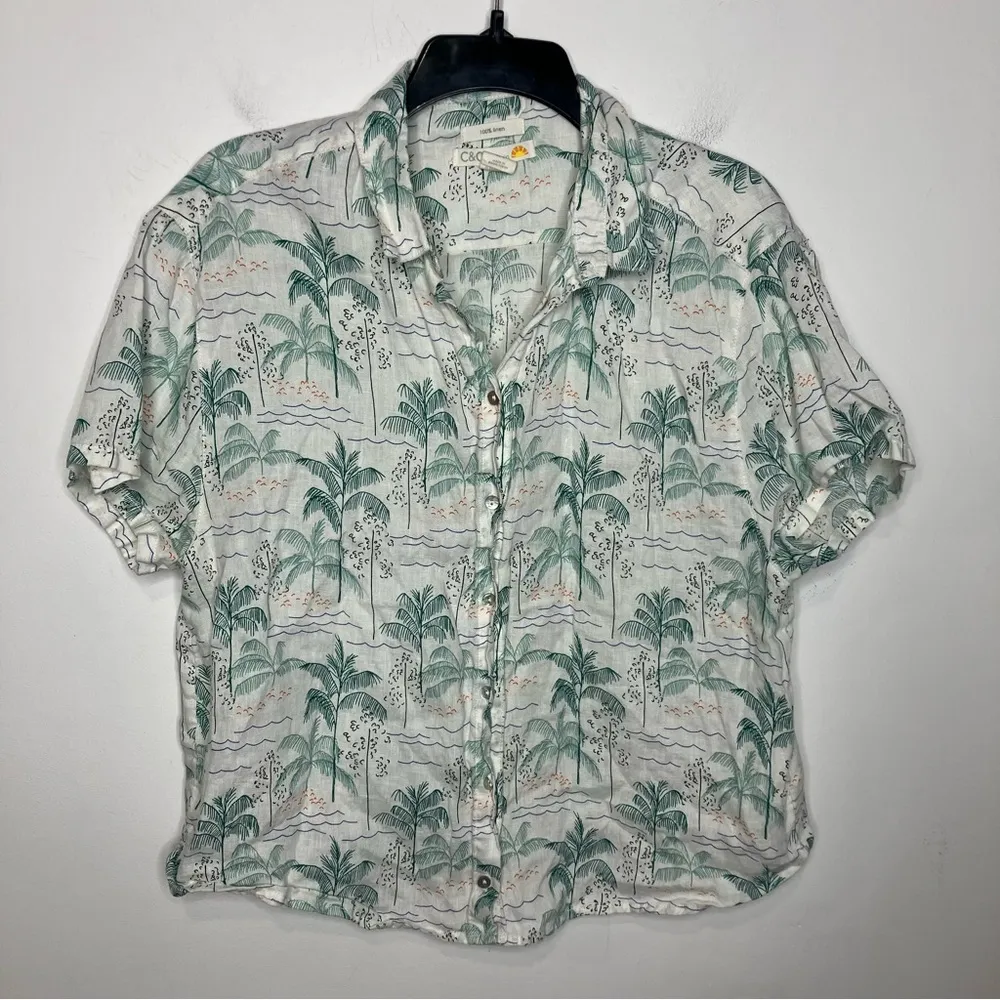 C&C California 100% linen button down shirt Palm tree design women’s size large - Image 1